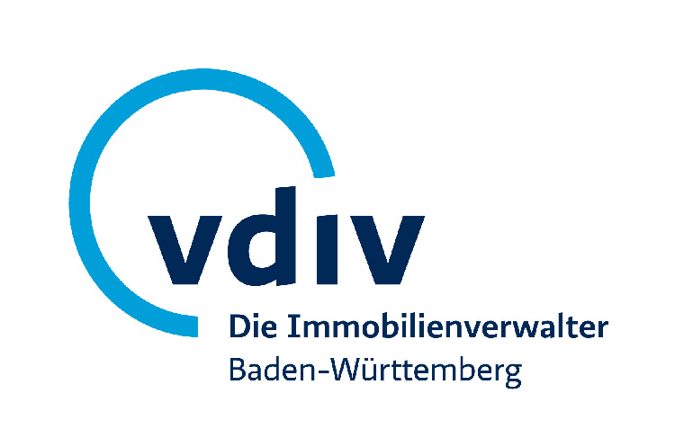 Logo des VDIV Die Immobilienverwalter Baden-Württemberg mit einer blauen Kreisgrafik und dunkelblauem Text auf weißem Hintergrund.