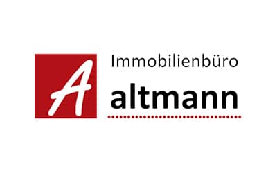 Logo des Immobilienbüros Altmann mit einem roten Quadrat mit weißem „A“ und dem Firmennamen in schwarzer und roter Schrift auf weißem Hintergrund.