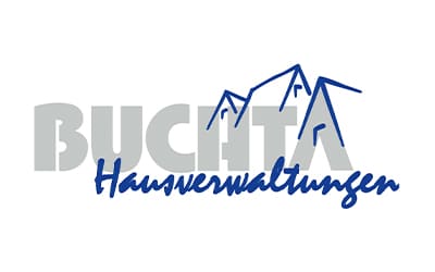 Logo für „Buchta Hausverwaltungen“ mit stilisierter grauer Schrift und blauen Dachumrissen oben, darunter steht „Hausverwaltungen“ in blauer Schrift.