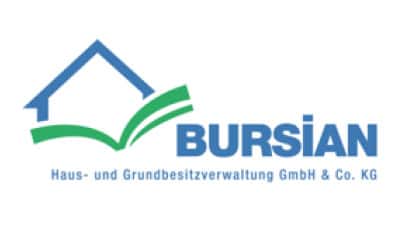 Logo für die Bursian Haus- und Grundbesitzverwaltung GmbH & Co. KG mit einem blauen Hausumriss über grünen Linien mit Firmennamen und Slogan in blauer Schrift.