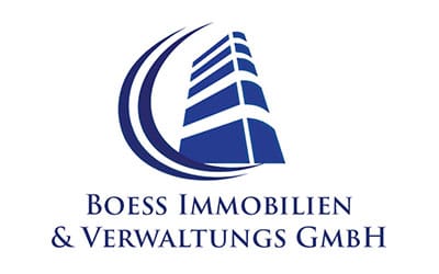 Logo mit einem stilisierten blauen Gebäude aus geschwungenen Linien über dem Text „Boess Immobilien & Verwaltungs GmbH“ in Großbuchstaben.