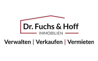 Logo für Dr. Fuchs & Hoff Immobilien mit rotem Dachumriss und dem Schriftzug „Verwalten | Verkaufen | Vermieten“ darunter.