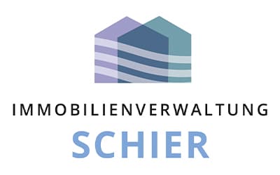 Logo der Immobilienverwaltung Schier mit zwei stilisierten Gebäuden in Blau- und Lilatönen über dem Firmennamen in fetter schwarz-blauer Schrift.
