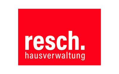 Rotes rechteckiges Logo mit dem Wort „resch.“ in fetten weißen Kleinbuchstaben und „hausverwaltung“ in kleinerer weißer Schrift darunter.